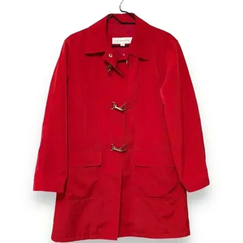 WOMENS LIZ CLAIBORNE PETITE RED NYLON RAIN COAT TOGGLE AND SNAP BUTTONS SZ SMALL